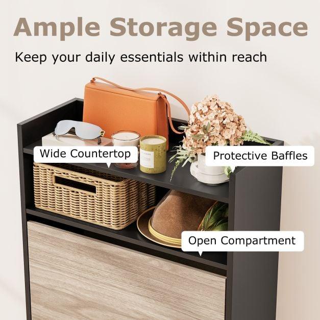 Shoe Storage Cabinet with 2 Flip Drawers and Open Storage-Black - TidySpaces