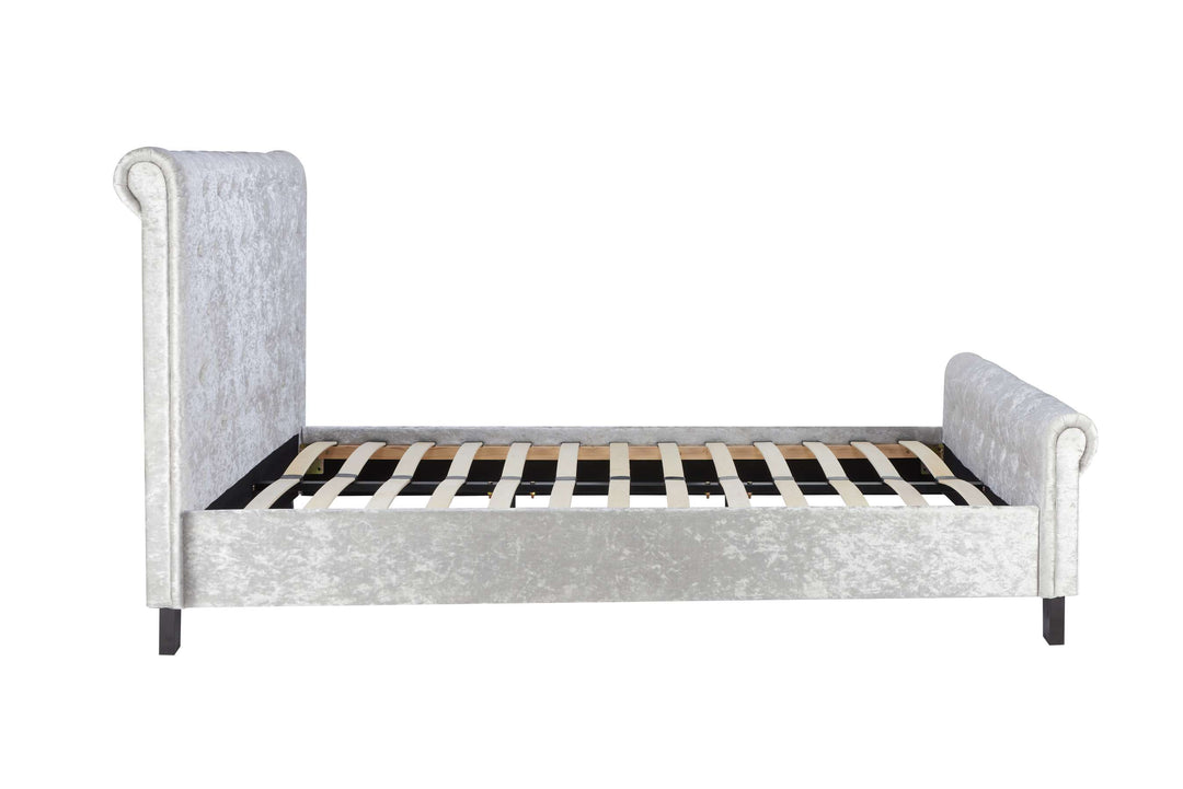 Sienna Fabric Bed with Luxury Crushed Steel Velvet Upholstery and Rolled Headboard Design
