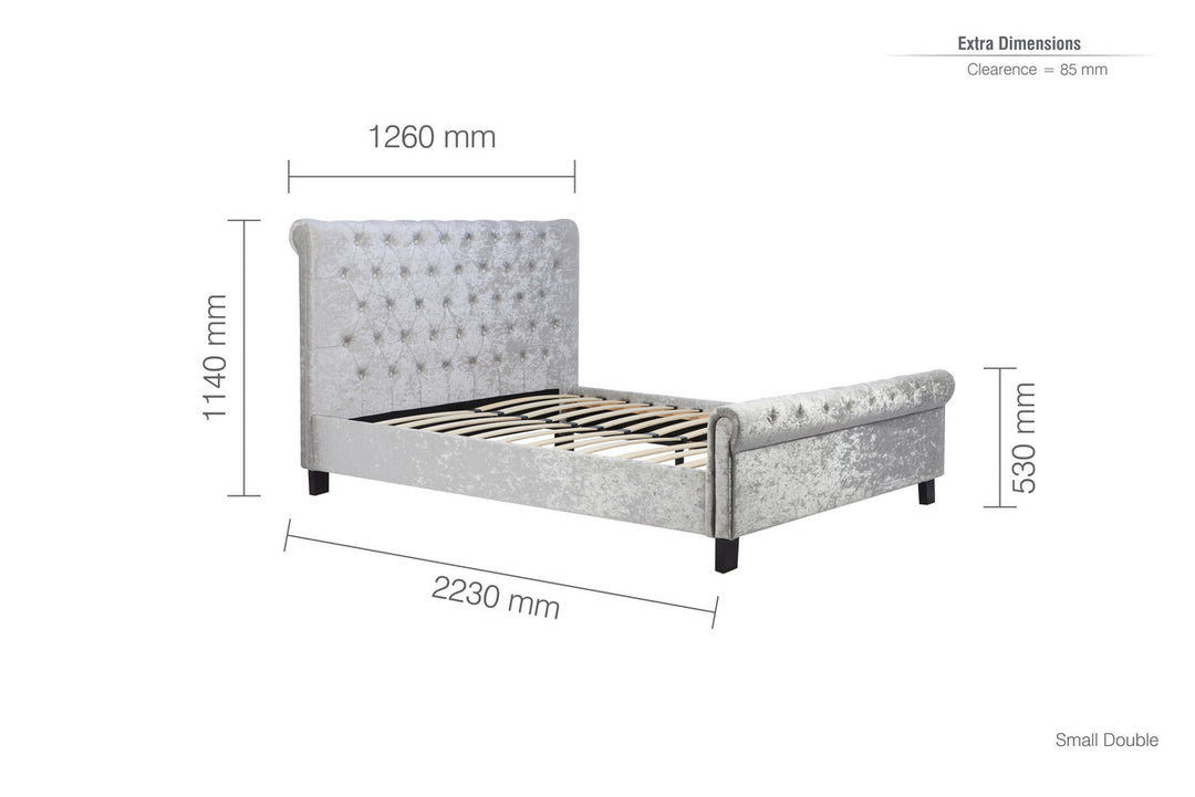 Sienna Fabric Bed with Luxury Crushed Steel Velvet Upholstery and Rolled Headboard Design
