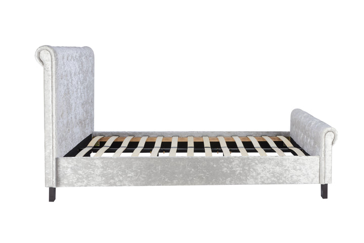 Sienna Fabric Bed with Luxury Crushed Steel Velvet Upholstery and Rolled Headboard Design