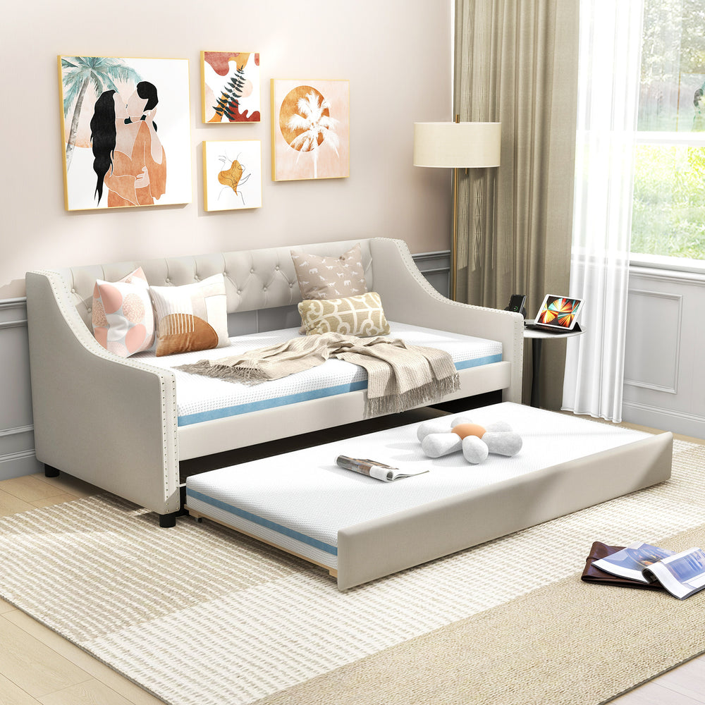 Single Size Trundle Bed Linen Upholstered Daybed with Backrest - TidySpaces