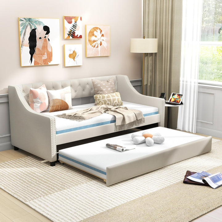 Single Size Trundle Bed Linen Upholstered Daybed with Backrest - TidySpaces