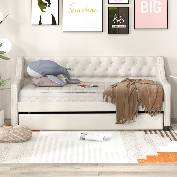 Single Size Trundle Bed Linen Upholstered Daybed with Backrest - TidySpaces