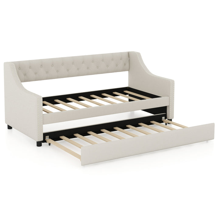 Single Size Trundle Bed Linen Upholstered Daybed with Backrest - TidySpaces