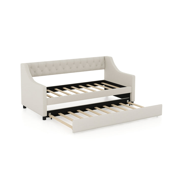 Single Size Trundle Bed Linen Upholstered Daybed with Backrest - TidySpaces