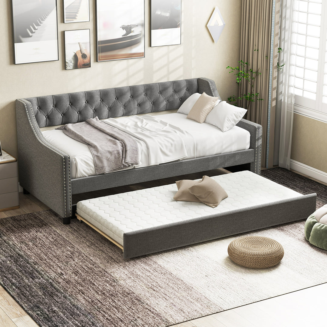 Single Size Trundle Bed Linen Upholstered Daybed with Backrest - TidySpaces