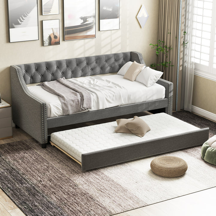 Single Size Trundle Bed Linen Upholstered Daybed with Backrest - TidySpaces