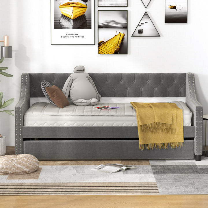 Single Size Trundle Bed Linen Upholstered Daybed with Backrest - TidySpaces