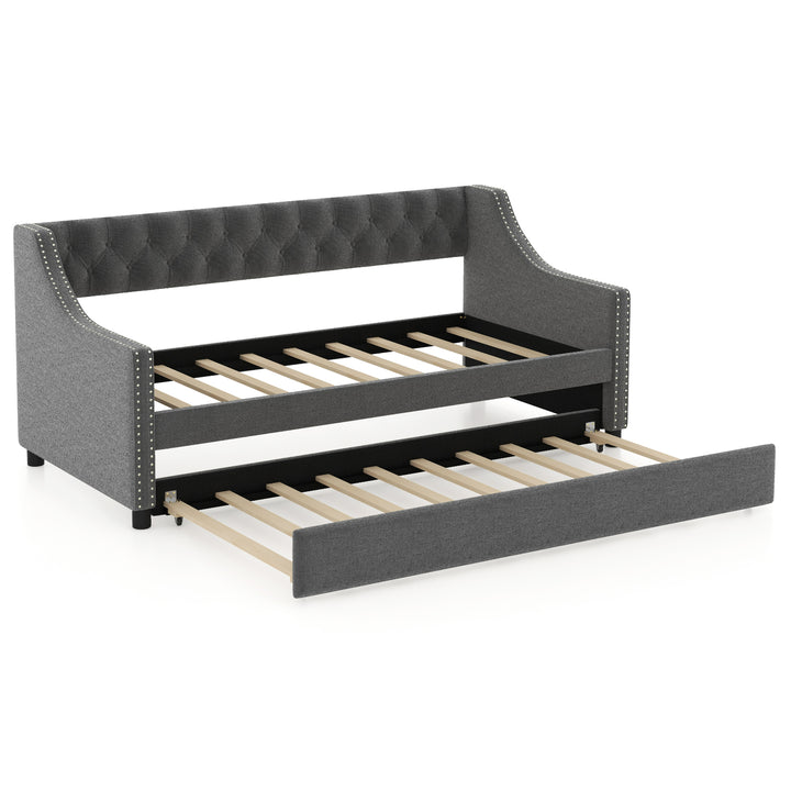 Single Size Trundle Bed Linen Upholstered Daybed with Backrest - TidySpaces