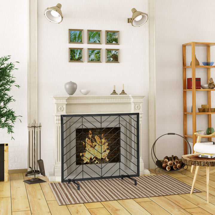 Single Panel Fireplace Screen with Detachable Support Feet and Metal Fame-Black