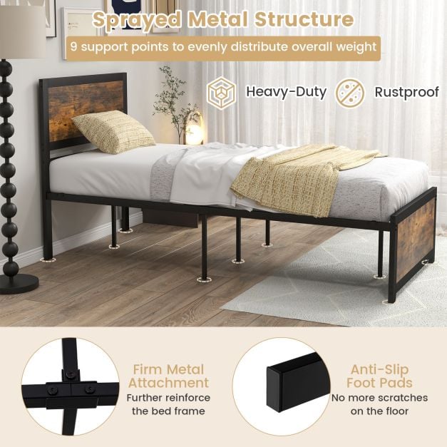 Single Size Bed Frame with High Headboard Metal Slats