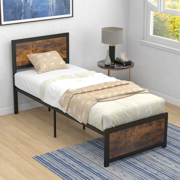 Single Size Bed Frame with High Headboard Metal Slats