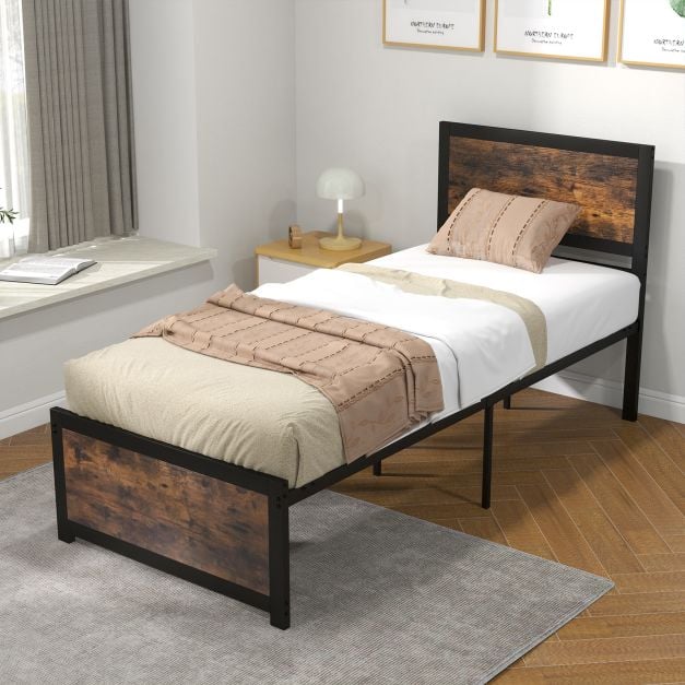 Single Size Bed Frame with High Headboard Metal Slats