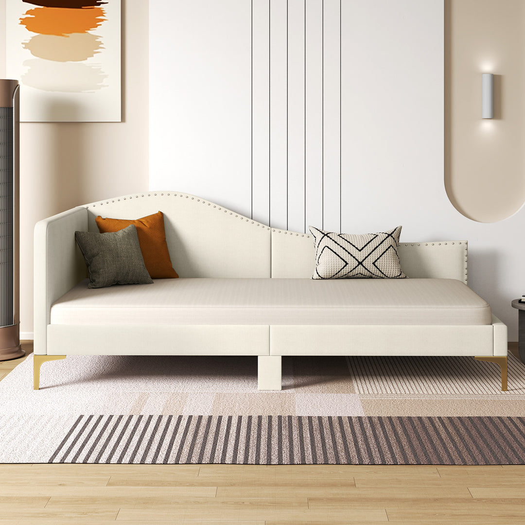 Single Size Upholstered Daybed Rivet-Tufted Platform Bed with Metal Legs - TidySpaces