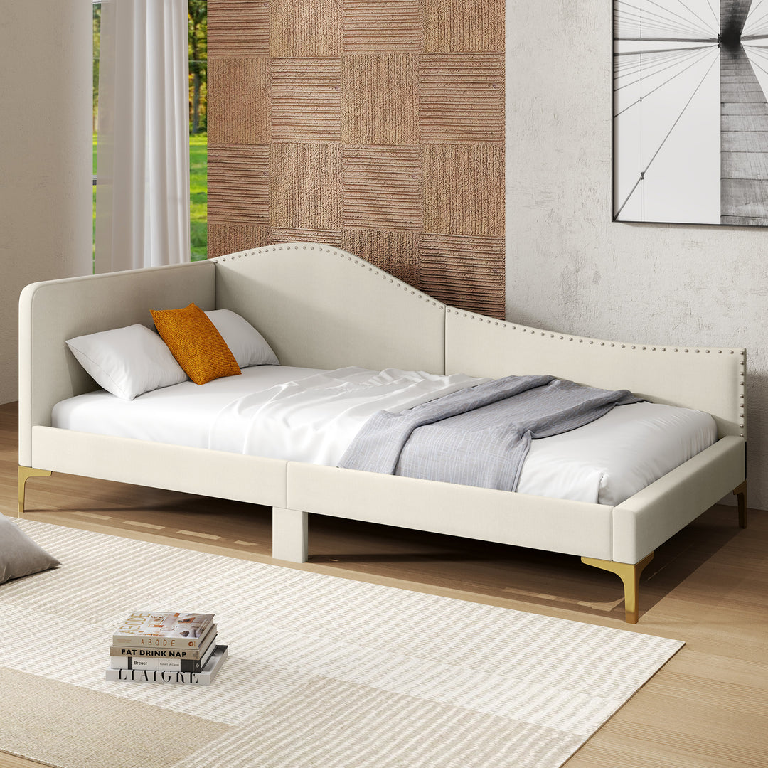 Single Size Upholstered Daybed Rivet-Tufted Platform Bed with Metal Legs - TidySpaces