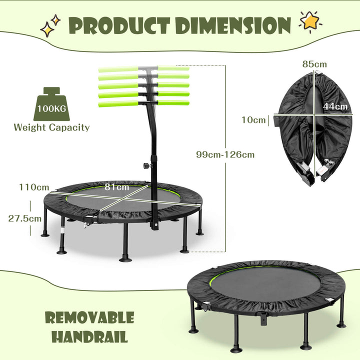 110 CM Mini Trampoline Bounce with Height Adjustable Handrail