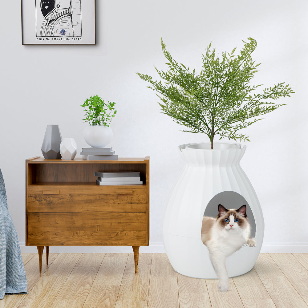 Smart Plant Cat Litter Box with Electronic Odor Removal and Sterilization-White - TidySpaces