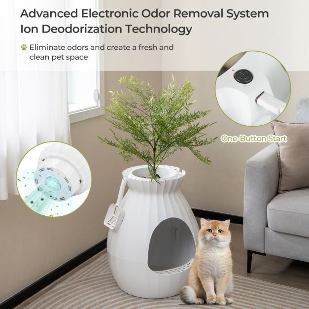 Smart Plant Cat Litter Box with Electronic Odour Removal and Sterilization-White