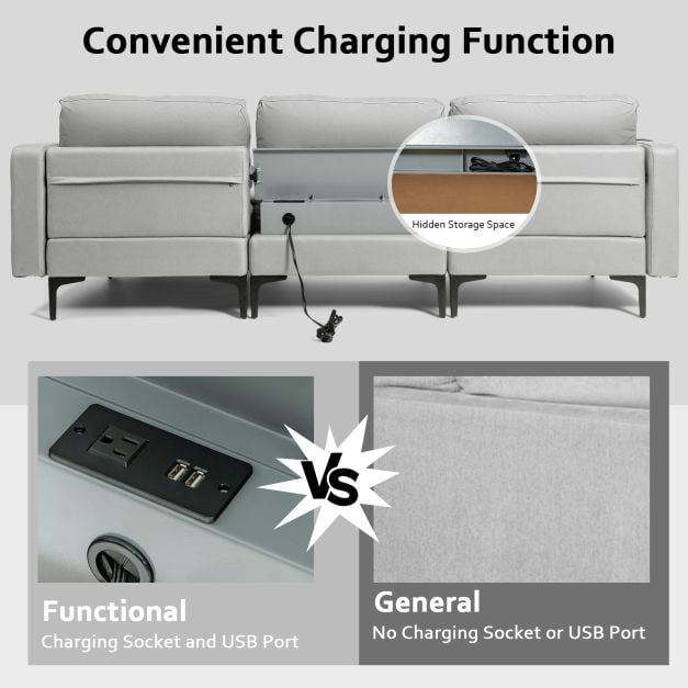 Modular L shaped Sofa with Chaise, Reversible Ottoman, Built in Socket - TidySpaces