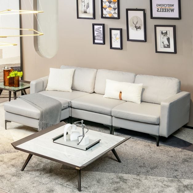 Modular L shaped Sofa with Chaise, Reversible Ottoman, Built in Socket - TidySpaces