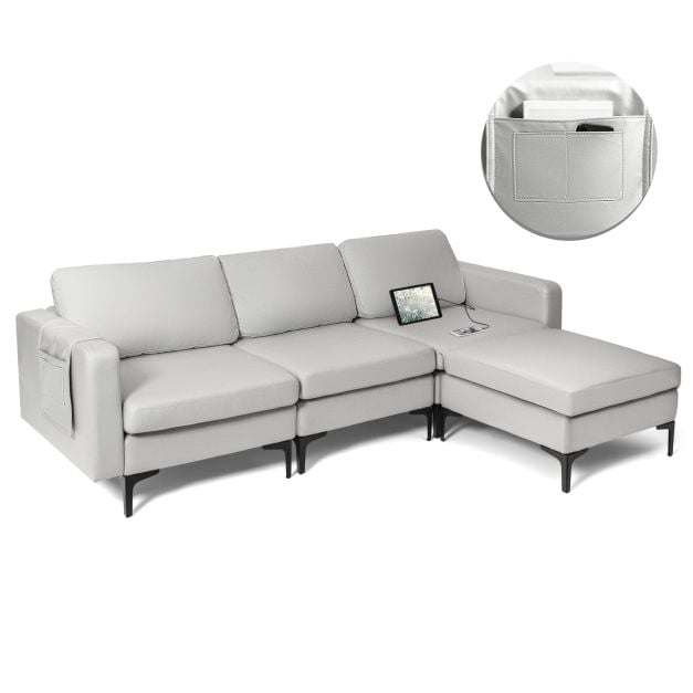 Modular L shaped Sofa with Chaise, Reversible Ottoman, Built in Socket - TidySpaces