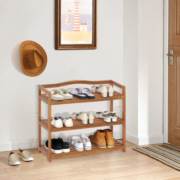 Solid Acacia Wood Shoe Rack Shelf with Side Metal Hooks - TidySpaces