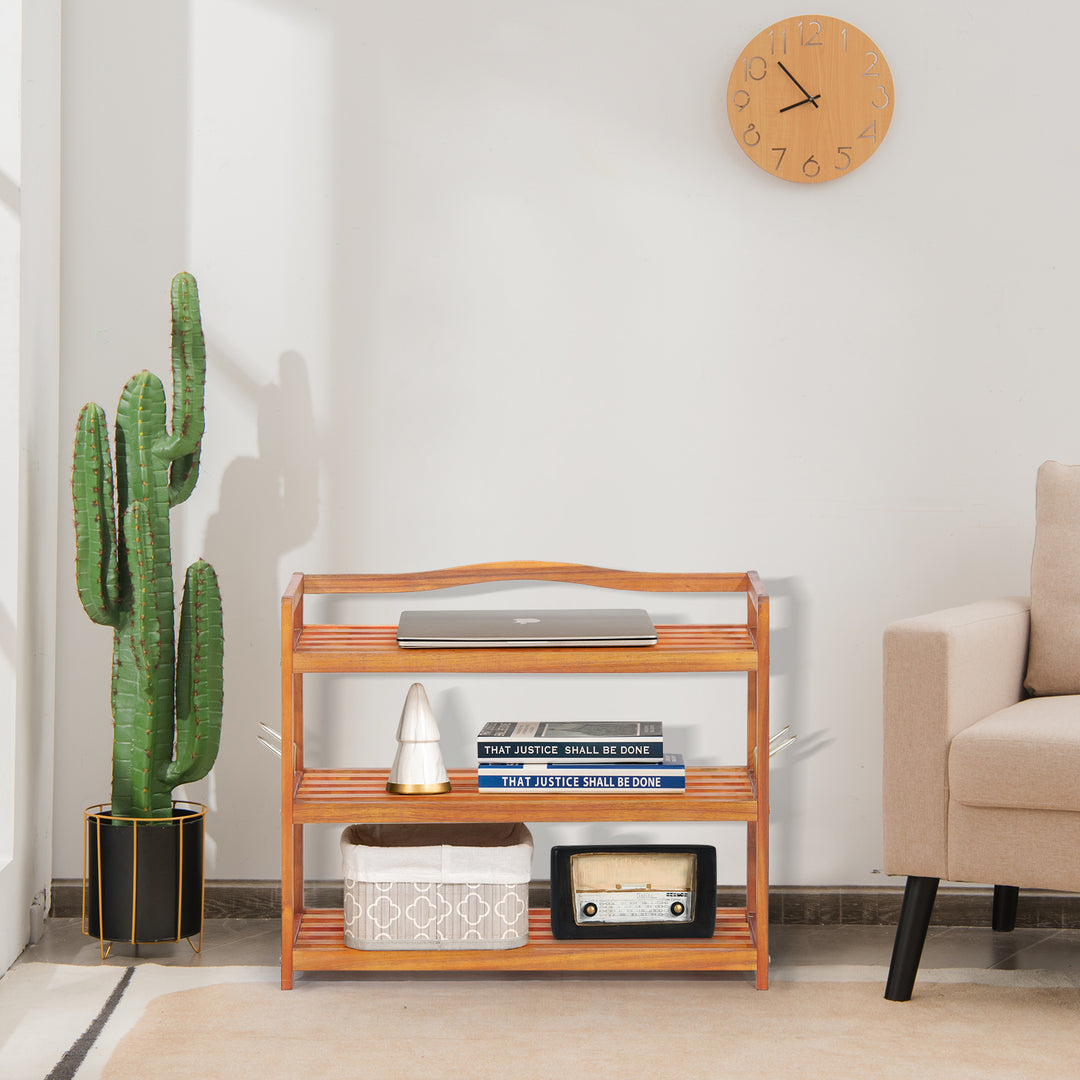 Solid Acacia Wood Shoe Rack Shelf with Side Metal Hooks - TidySpaces