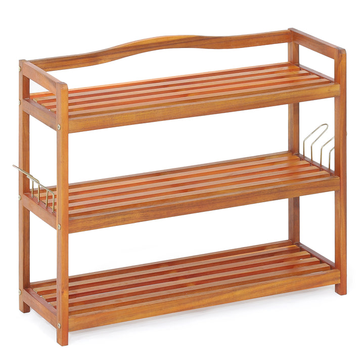 Solid Acacia Wood Shoe Rack Shelf with Side Metal Hooks 3 Tier - TidySpaces
