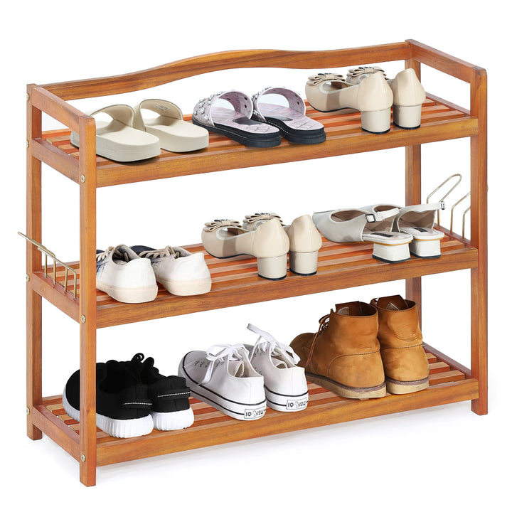 Solid Acacia Wood Shoe Rack Shelf with Side Metal Hooks - TidySpaces