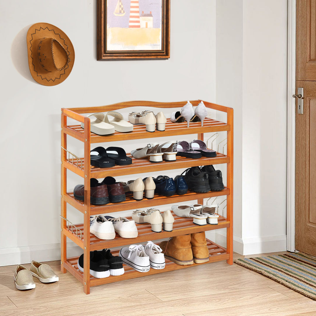 Solid Acacia Wood Shoe Rack Shelf with Side Metal Hooks - TidySpaces