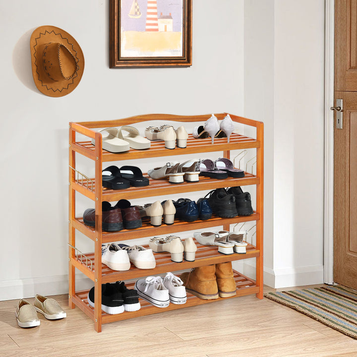 Solid Acacia Wood Shoe Rack Shelf with Side Metal Hooks - TidySpaces