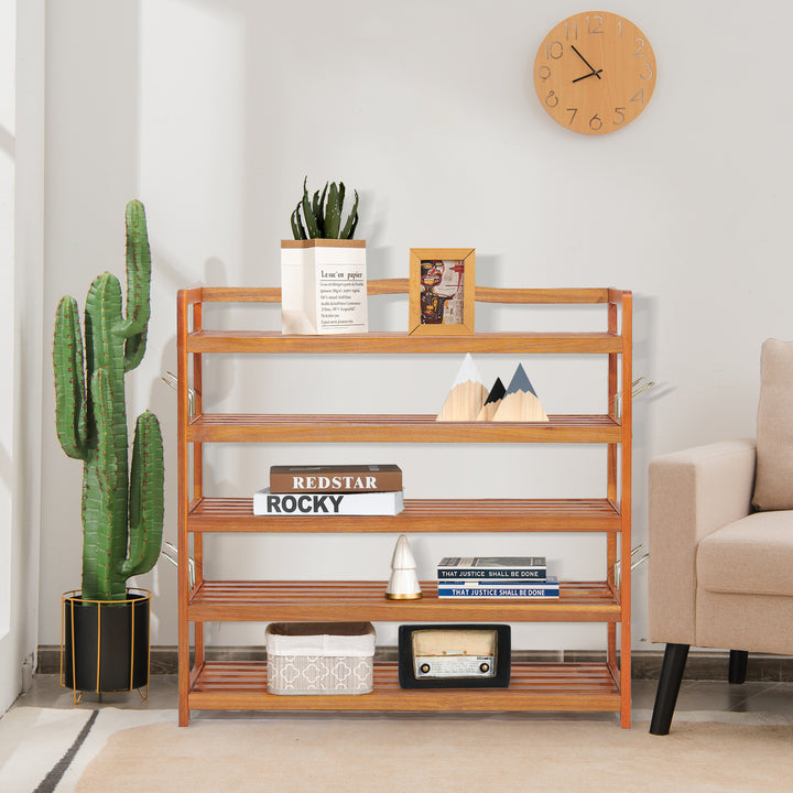 Solid Acacia Wood Shoe Rack Shelf with Side Metal Hooks - TidySpaces