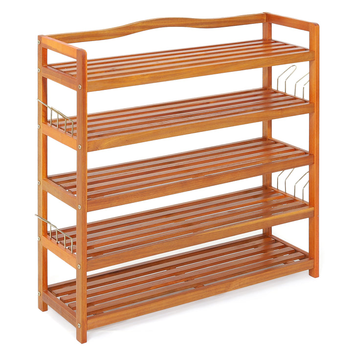 Solid Acacia Wood Shoe Rack Shelf with Side Metal Hooks 5 Tier - TidySpaces