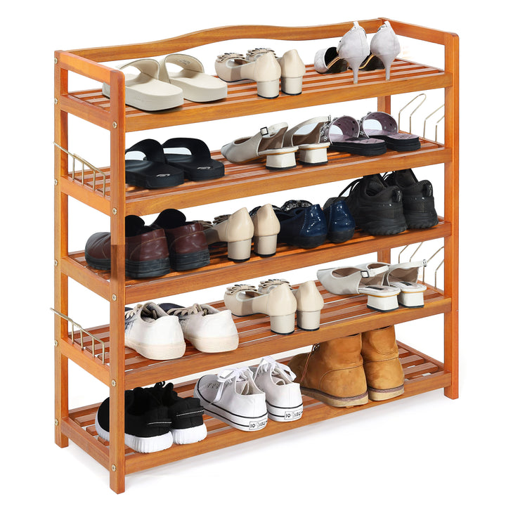 Solid Acacia Wood Shoe Rack Shelf with Side Metal Hooks - TidySpaces
