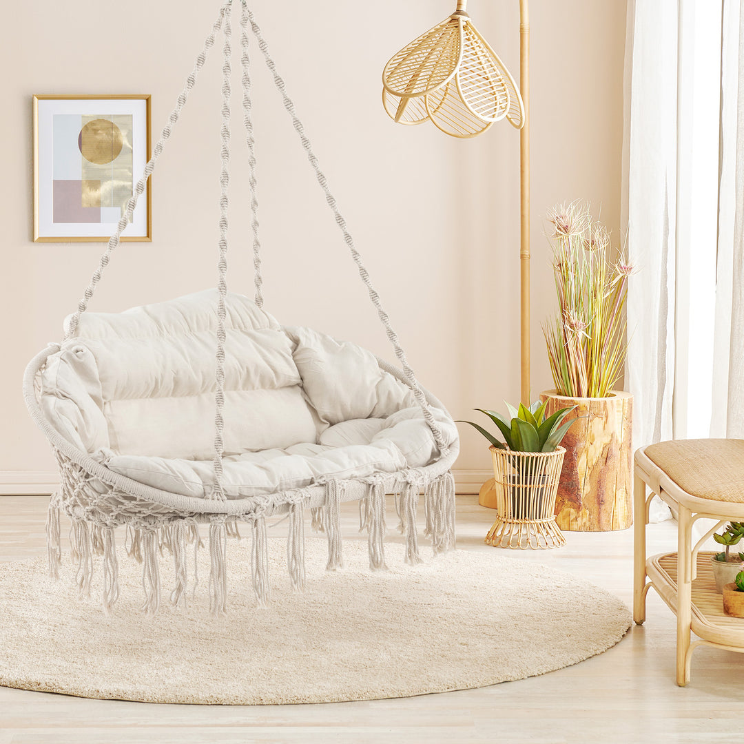 Hand-Woven Rope Hanging Chair with Thick Cushion and Folding Metal Frame-Beige - TidySpaces