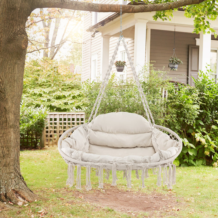 Hand-Woven Rope Hanging Chair with Thick Cushion and Folding Metal Frame-Beige - TidySpaces