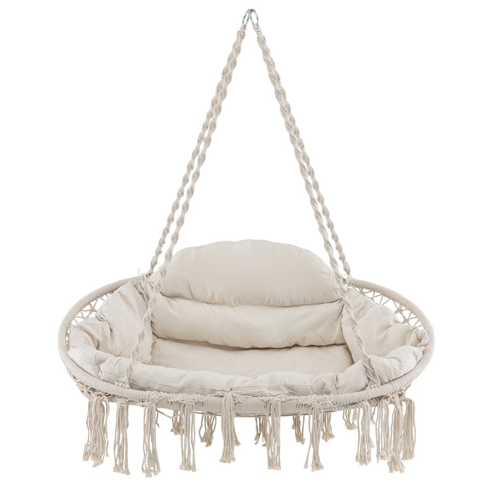 Hand-Woven Rope Hanging Chair with Thick Cushion and Folding Metal Frame-Beige - TidySpaces