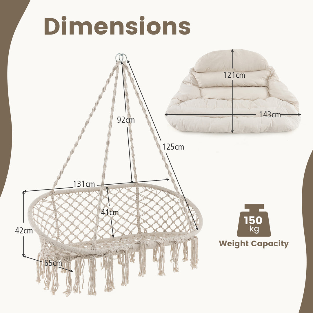 Hand-Woven Rope Hanging Chair with Thick Cushion and Folding Metal Frame-Beige - TidySpaces