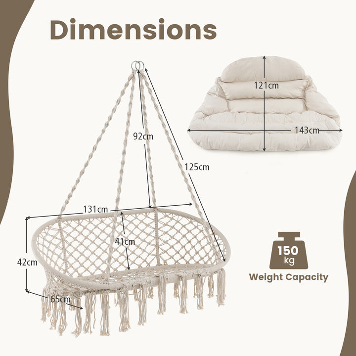 Hand-Woven Rope Hanging Chair with Thick Cushion and Folding Metal Frame-Beige - TidySpaces