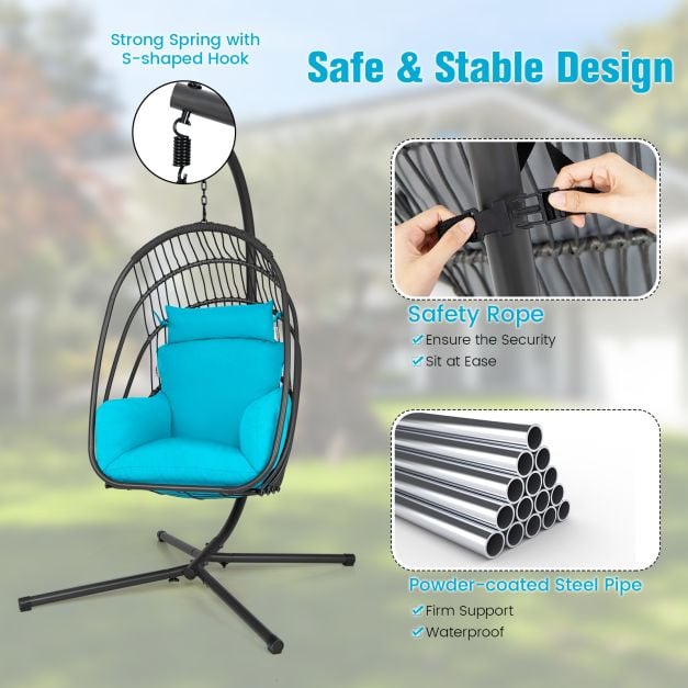 Swing Egg Chair with Stand with Cushion, Pillow and Foldable Seat Basket