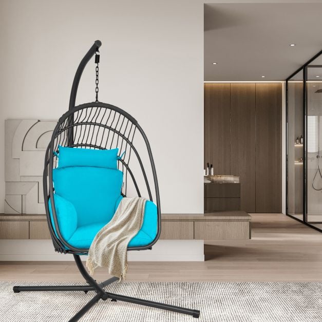 Swing Egg Chair with Stand with Cushion, Pillow and Foldable Seat Basket