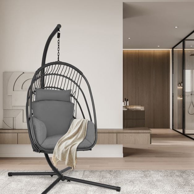 Swing Egg Chair with Stand with Cushion, Pillow and Foldable Seat Basket