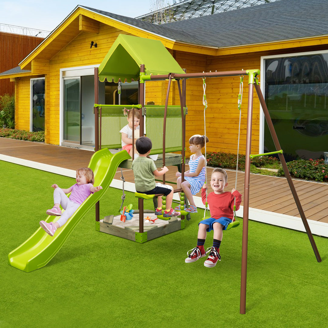 7-in-1 Swing Set Outdoor Metal Playset with Covered Fort-Green
