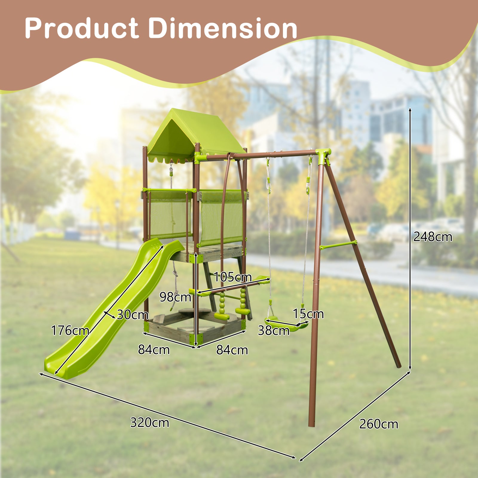 7 in 1 Swing Set Outdoor Metal Playset with Covered Fort Green