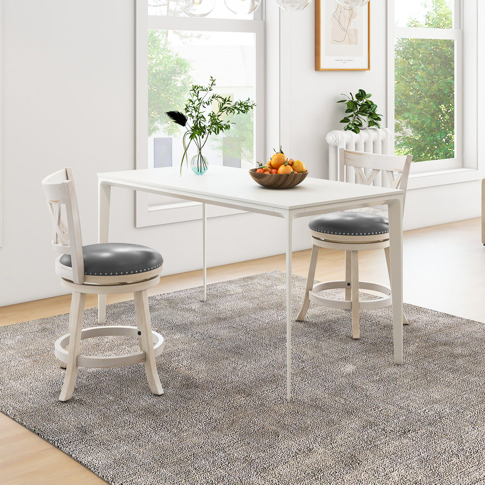 Swivel 64cm Hand Antiqued Stool Set of 2 with Wider Padded Seat White 64 cm - TidySpaces