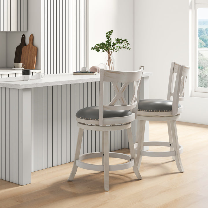Swivel 64cm Hand Antiqued Stool Set of 2 with Wider Padded Seat White 64 cm - TidySpaces
