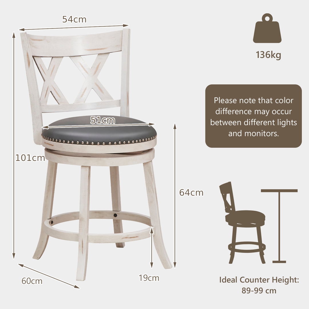 Swivel 64cm Hand Antiqued Stool Set of 2 with Wider Padded Seat White 64 cm - TidySpaces
