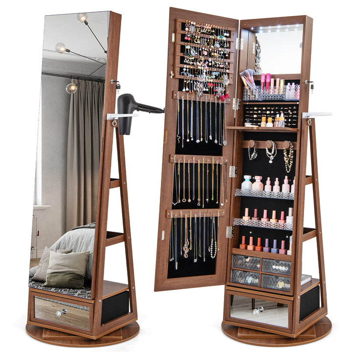 360° Swivel Lockable Jewelry Armoire Cabinet with Full Length Mirror Walnut - TidySpaces