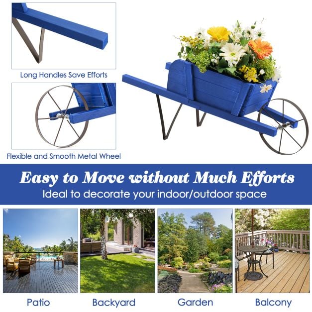 Wooden Planter Stand Wheelbarrow Flower Cart Garden Decoration