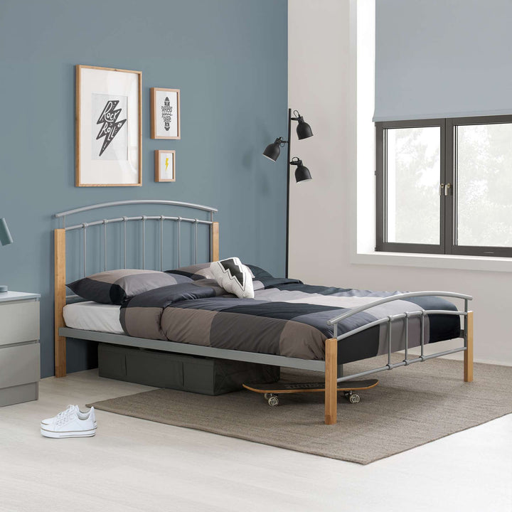 Modern Tetras Bed with Sprung Slatted Base and Stylish Silver Finish